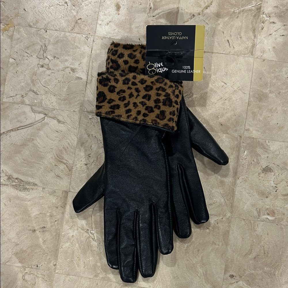 NWT‎ Olive & Pique  Nappa Leather Black Gloves with Leopard Print Cuff